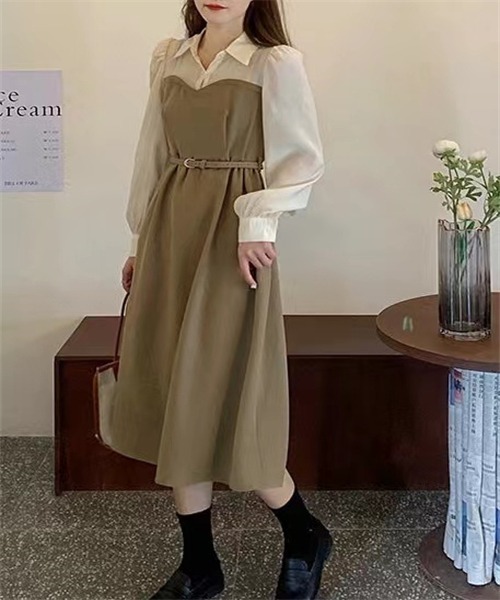 Dream garden(ドリームガーデン)の「バイカラー セットアップ風フレアワンピース(ワンピース・レディース・ブラック/カーキ・2XL/XL/M/L/S)」の17枚目の写真