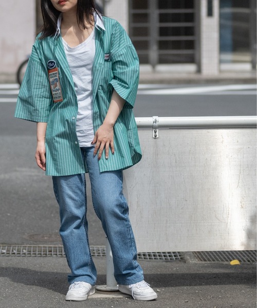 Limited Line Naive Magic（リミテッドラインナイーブマジック）の「【a】ブロードストライプワッペンワーク半袖シャツ（シャツ/ブラウス・メンズ・その他/ホワイト系その他/グリーン系その他/ブルー系その他・MEDIUM/LARGE）」の7枚目の写真