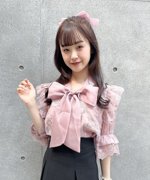 Rmine（アールマイン）の「フロントボウタイレース５分袖ブラウス（シャツ/ブラウス・レディース・ホワイト/ピンクベージュ・FREE）」の5枚目の写真