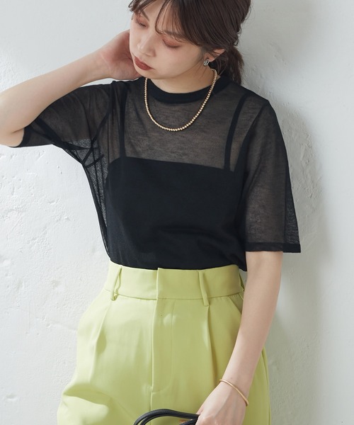 natural couture(ナチュラルクチュール)の「シアー半袖配色ニット(ニット/セーター・レディース・ブラック/オフホワイト/サックスブルー/オレンジ/その他1・FREE)」の3枚目の写真