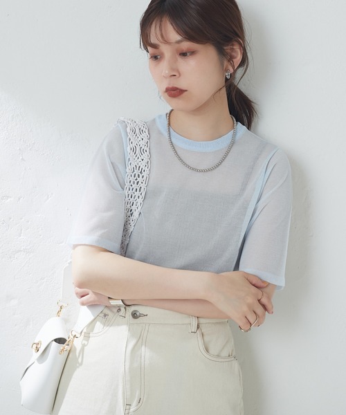 natural couture(ナチュラルクチュール)の「シアー半袖配色ニット(ニット/セーター・レディース・ブラック/オフホワイト/サックスブルー/オレンジ/その他1・FREE)」の13枚目の写真