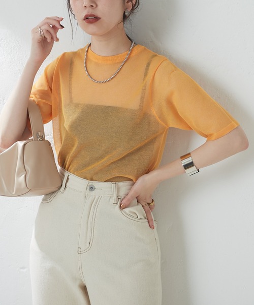 natural couture(ナチュラルクチュール)の「シアー半袖配色ニット(ニット/セーター・レディース・ブラック/オフホワイト/サックスブルー/オレンジ/その他1・FREE)」の10枚目の写真