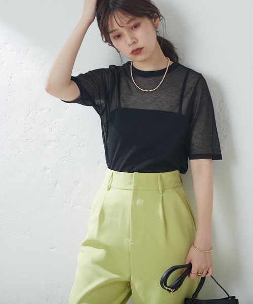 natural couture(ナチュラルクチュール)の「シアー半袖配色ニット(ニット/セーター・レディース・ブラック/オフホワイト/サックスブルー/オレンジ/その他1・FREE)」の14枚目の写真