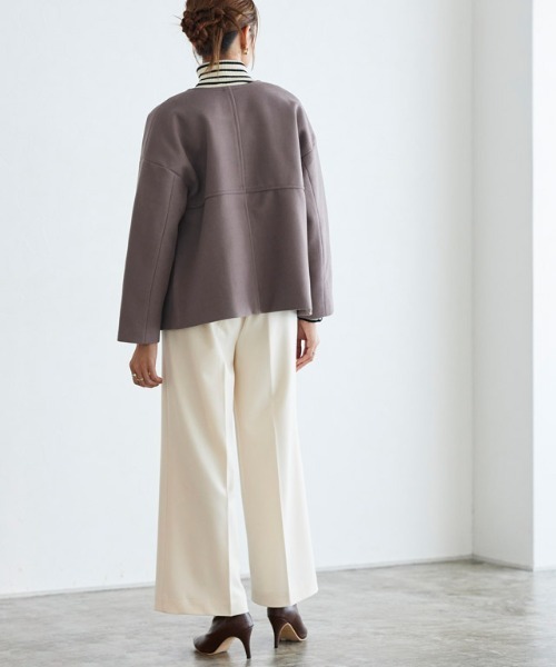 Pierrot（ピエロ）の「メルトンノーカラーショートコート（ノーカラーコート・レディース・ライトグレー/ネイビー/ブルー/アイボリー/パープル/モカ/インディゴブルー/オフホワイト/杢グレー/ブラック・S/M/L）」の15枚目の写真