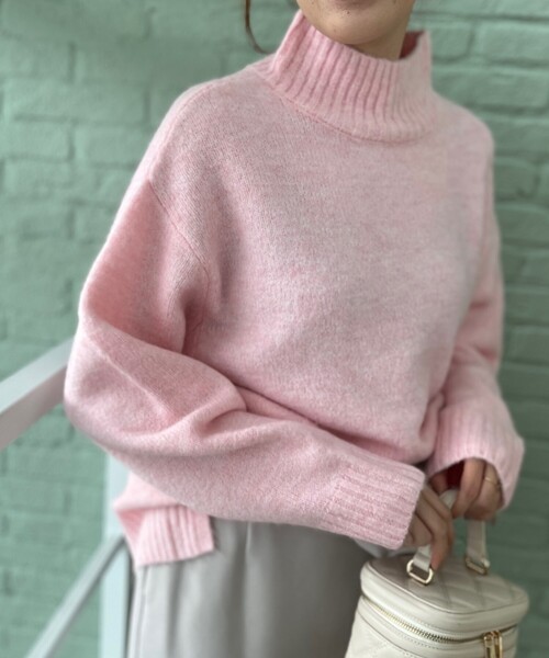 【ふわふわパステルカラーニット】ヤクライクモックネックニット