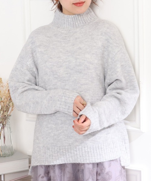 【ふわふわパステルカラーニット】ヤクライクモックネックニット