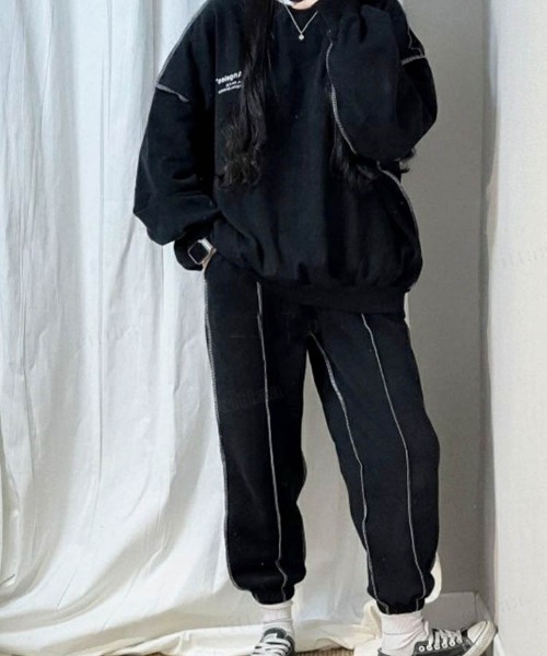 Dalfwin(ダールフィン)の「2023新作 韓国ファッション スウェット ルームウェア レディース 両起毛 裏起毛あり【上下セット】LOS配色ステッチセットアップ トレーナー 2023AW 秋冬新作(ルームウェア/パジャマ・レディース・マスタード/グレー系その他/ブラック/ブルー・FREE)」の5枚目の写真