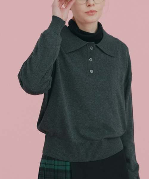 EDIT Gris（エディットグリ）の「ニットポロプルオーバー（ニット/セーター・レディース・グレー/ブルー/ブラック/レッド・FREE）」の3枚目の写真