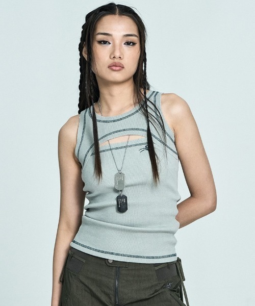 SETUPEXE(セットアップイーエックスイー)の「韓国ブランド SETUP‐EXE セットアップエグゼ Raw edge stitch sleeveless top ステッチ レイヤード風 トップス タンクトップ 袖なし アメリカンスリーブ(タンクトップ・レディース・ライトカーキ/グレー・ONE SIZE)」の18枚目の写真