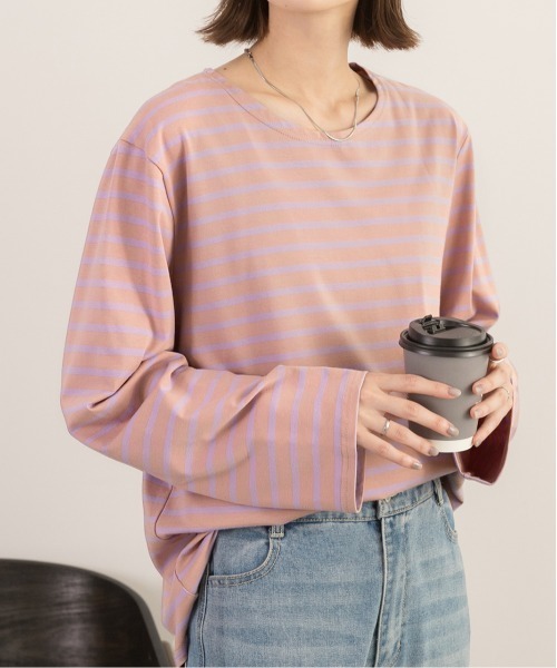 ad thie(アドティエ)の「ワイドスリーブ ボーダー ロングTシャツ(Tシャツ/カットソー・レディース・ピンク/ブルー/ライトブルー/オレンジ・FREE)」の1枚目の写真