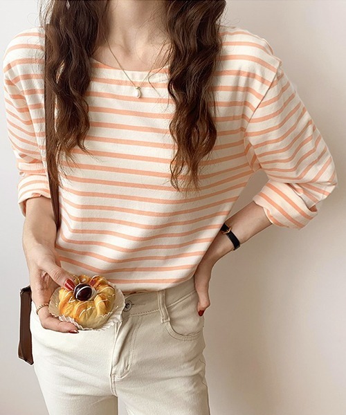 ad thie(アドティエ)の「ワイドスリーブ ボーダー ロングTシャツ(Tシャツ/カットソー・レディース・ピンク/ブルー/ライトブルー/オレンジ・FREE)」の4枚目の写真