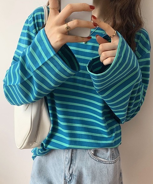 ad thie(アドティエ)の「ワイドスリーブ ボーダー ロングTシャツ(Tシャツ/カットソー・レディース・ピンク/ブルー/ライトブルー/オレンジ・FREE)」の3枚目の写真