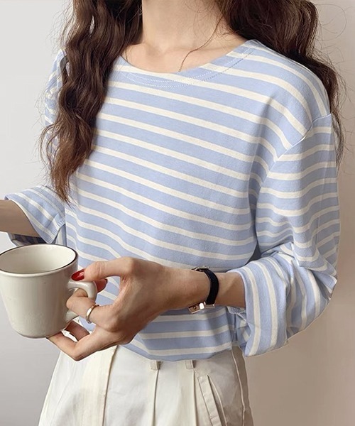 ad thie(アドティエ)の「ワイドスリーブ ボーダー ロングTシャツ(Tシャツ/カットソー・レディース・ピンク/ブルー/ライトブルー/オレンジ・FREE)」の2枚目の写真