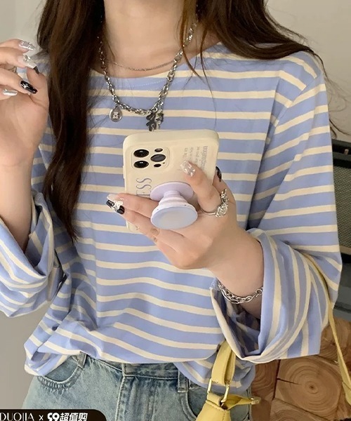 ad thie(アドティエ)の「ワイドスリーブ ボーダー ロングTシャツ(Tシャツ/カットソー・レディース・ピンク/ブルー/ライトブルー/オレンジ・FREE)」の5枚目の写真