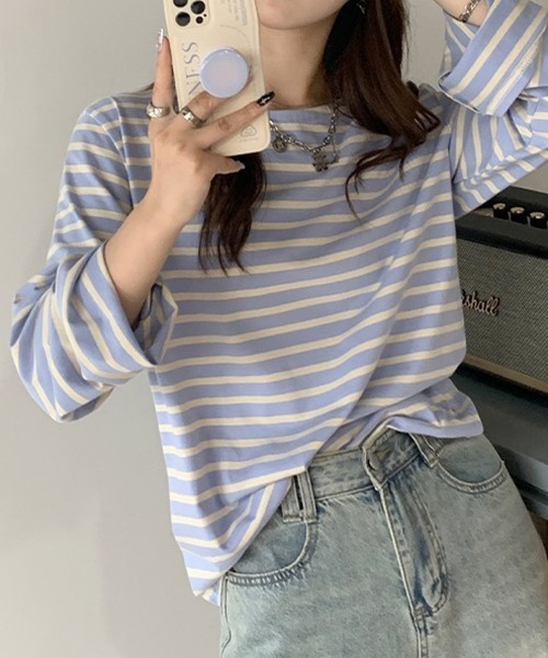 ad thie(アドティエ)の「ワイドスリーブ ボーダー ロングTシャツ(Tシャツ/カットソー・レディース・ピンク/ブルー/ライトブルー/オレンジ・FREE)」の6枚目の写真