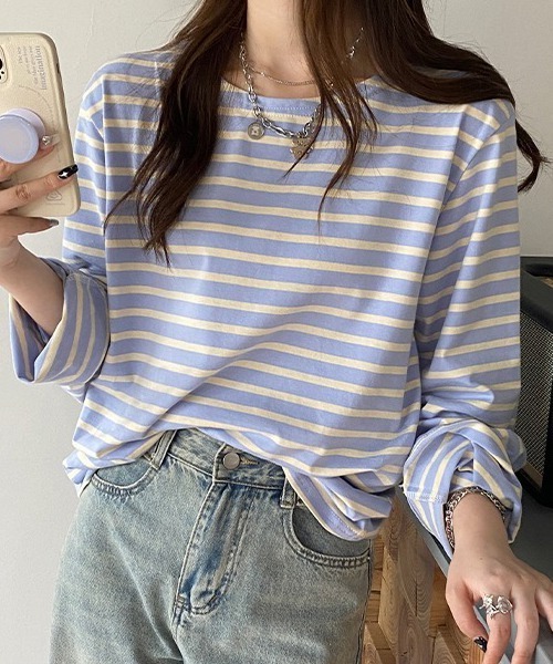 ad thie(アドティエ)の「ワイドスリーブ ボーダー ロングTシャツ(Tシャツ/カットソー・レディース・ピンク/ブルー/ライトブルー/オレンジ・FREE)」の7枚目の写真