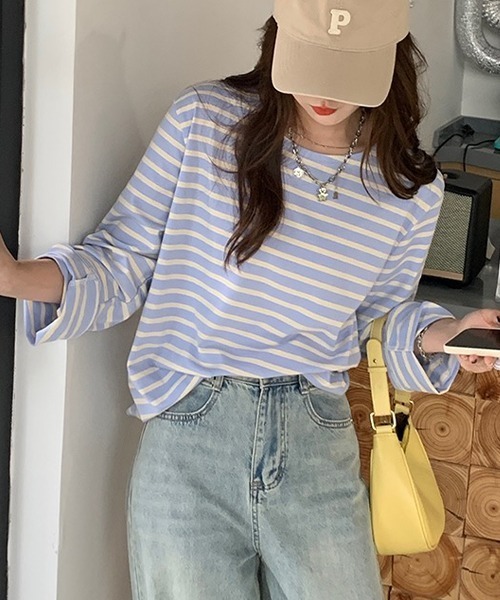 ad thie(アドティエ)の「ワイドスリーブ ボーダー ロングTシャツ(Tシャツ/カットソー・レディース・ピンク/ブルー/ライトブルー/オレンジ・FREE)」の8枚目の写真