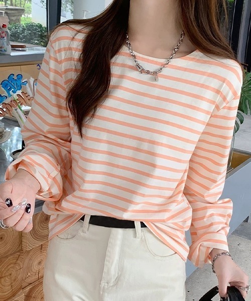 ad thie(アドティエ)の「ワイドスリーブ ボーダー ロングTシャツ(Tシャツ/カットソー・レディース・ピンク/ブルー/ライトブルー/オレンジ・FREE)」の19枚目の写真