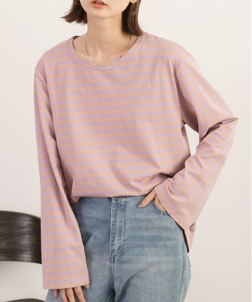 ad thie(アドティエ)の「ワイドスリーブ ボーダー ロングTシャツ(Tシャツ/カットソー・レディース・ピンク/ブルー/ライトブルー/オレンジ・FREE)」の13枚目の写真