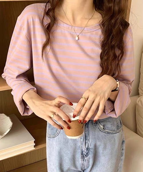 ad thie(アドティエ)の「ワイドスリーブ ボーダー ロングTシャツ(Tシャツ/カットソー・レディース・ピンク/ブルー/ライトブルー/オレンジ・FREE)」の16枚目の写真