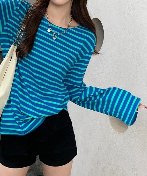 ad thie(アドティエ)の「ワイドスリーブ ボーダー ロングTシャツ(Tシャツ/カットソー・レディース・ピンク/ブルー/ライトブルー/オレンジ・FREE)」の9枚目の写真