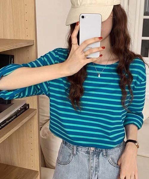 ad thie(アドティエ)の「ワイドスリーブ ボーダー ロングTシャツ(Tシャツ/カットソー・レディース・ピンク/ブルー/ライトブルー/オレンジ・FREE)」の10枚目の写真