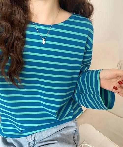 ad thie(アドティエ)の「ワイドスリーブ ボーダー ロングTシャツ(Tシャツ/カットソー・レディース・ピンク/ブルー/ライトブルー/オレンジ・FREE)」の11枚目の写真