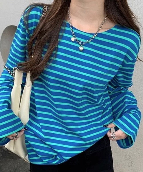 ad thie(アドティエ)の「ワイドスリーブ ボーダー ロングTシャツ(Tシャツ/カットソー・レディース・ピンク/ブルー/ライトブルー/オレンジ・FREE)」の12枚目の写真