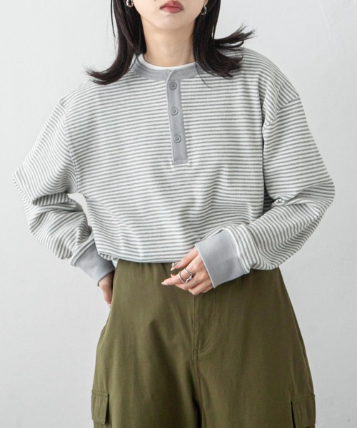 Chillfar(チルファー)の「ルーズワッフルボーダーロンT(Tシャツ/カットソー・レディース・ブラック/グレー/キナリ/ネイビー・FREE)」の1枚目の写真