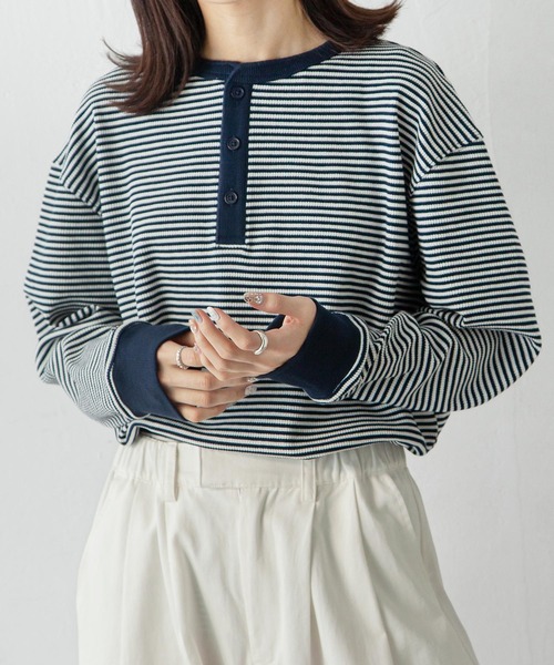 Chillfar(チルファー)の「ルーズワッフルボーダーロンT(Tシャツ/カットソー・レディース・ブラック/グレー/キナリ/ネイビー・FREE)」の7枚目の写真