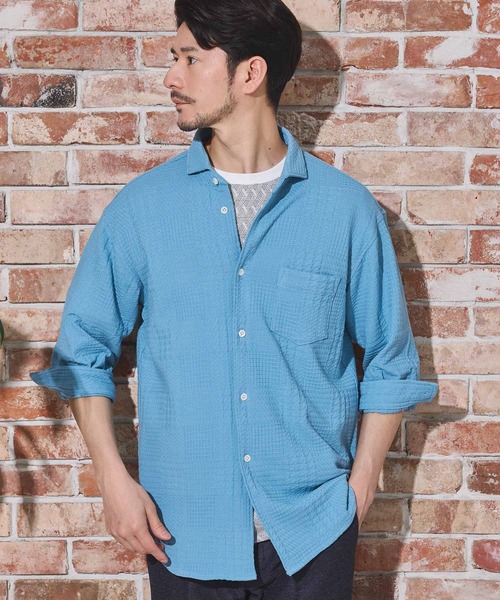 UNION STATION（ユニオンステーション）の「リンクスジャガードグレンチェック柄7分袖（シャツ/ブラウス・メンズ・サックスブルー/ネイビー/ホワイト・L/M/LL）」の3枚目の写真