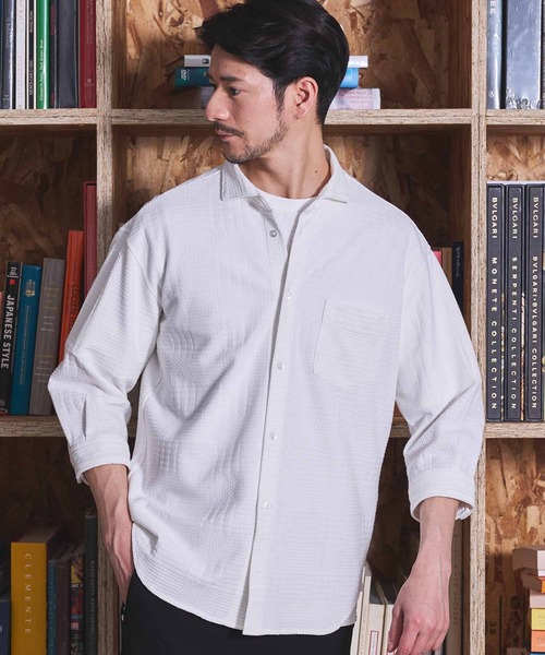 UNION STATION（ユニオンステーション）の「リンクスジャガードグレンチェック柄7分袖（シャツ/ブラウス・メンズ・サックスブルー/ネイビー/ホワイト・L/M/LL）」の4枚目の写真