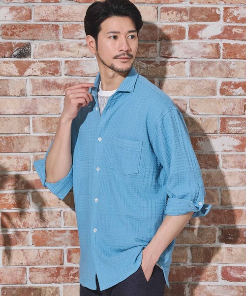 UNION STATION（ユニオンステーション）の「リンクスジャガードグレンチェック柄7分袖（シャツ/ブラウス・メンズ・サックスブルー/ネイビー/ホワイト・L/M/LL）」の19枚目の写真