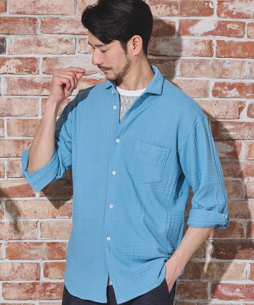 UNION STATION（ユニオンステーション）の「リンクスジャガードグレンチェック柄7分袖（シャツ/ブラウス・メンズ・サックスブルー/ネイビー/ホワイト・L/M/LL）」の11枚目の写真