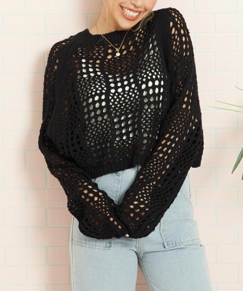 anap mimpi（アナップミンピ）の「クロシェ編み クロップド 長袖 トップス（Tシャツ/カットソー・レディース・ブラック/ピンク・FREE）」の2枚目の写真