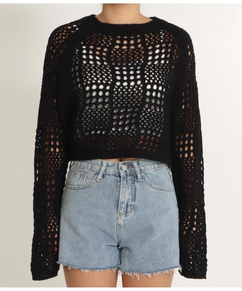 anap mimpi（アナップミンピ）の「クロシェ編み クロップド 長袖 トップス（Tシャツ/カットソー・レディース・ブラック/ピンク・FREE）」の8枚目の写真