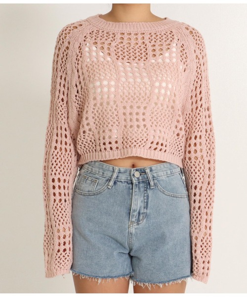 anap mimpi（アナップミンピ）の「クロシェ編み クロップド 長袖 トップス（Tシャツ/カットソー・レディース・ブラック/ピンク・FREE）」の7枚目の写真