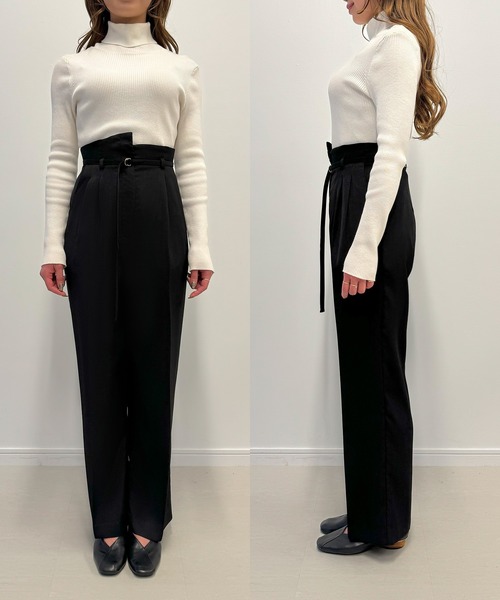 セール】ベルト付きアシンメトリーハイウエストパンツ