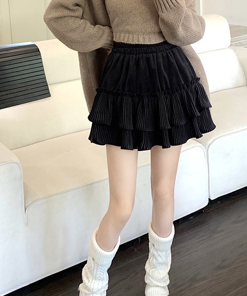 SEN TOKYO（セントーキョー）の「段々プリーツフリルが可愛い。ウエストゴム フレアミニスカート（スカート・レディース・ホワイト/ブラック・FREE）」の18枚目の写真