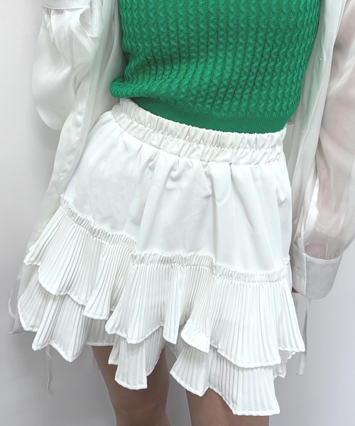 SEN TOKYO（セントーキョー）の「段々プリーツフリルが可愛い。ウエストゴム フレアミニスカート（スカート・レディース・ホワイト/ブラック・FREE）」の7枚目の写真