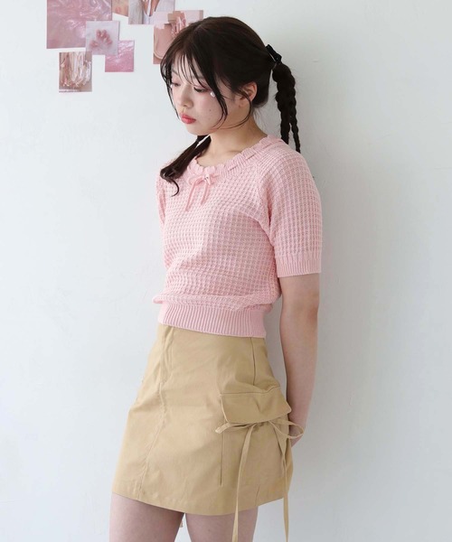 nomnom（ノムノム）の「【nomnom】柄編みリボン半袖ニット（ニット/セーター・レディース・ピンク/ライトイエロー/アイボリー・FREE）」の11枚目の写真