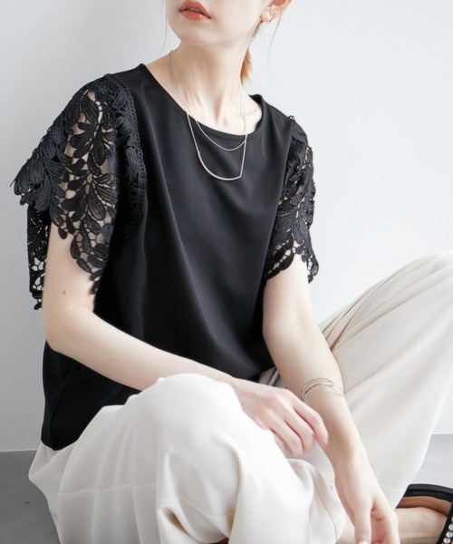 ROPE' PICNIC（ロペピクニック）の「袖レースカットトップス/リンクコーデ（Tシャツ/カットソー・レディース・ブルー/オフホワイト/サックスブルー/ブラック/ライトグレー・38）」の3枚目の写真