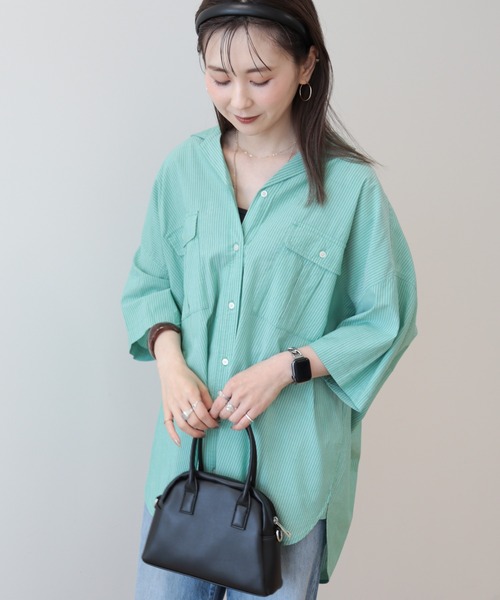 AMERICAN HOLIC(アメリカンホリック)の「接触冷感+UVカットWポケットBIGシャツチュニック(シャツ/ブラウス・レディース・ストライプ/ホワイト系その他6/オフホワイト/カーキ・M/L)」の17枚目の写真