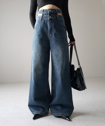 【2color /4size 】カットアウトダブルハイウエストワイドデニム / cutout double high waist wide denim
