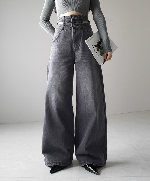 Sサイズ　ブラック　カットアウトデザインワイドデニム cut out design wide denim ⁡ / カットアウトデザインワイド