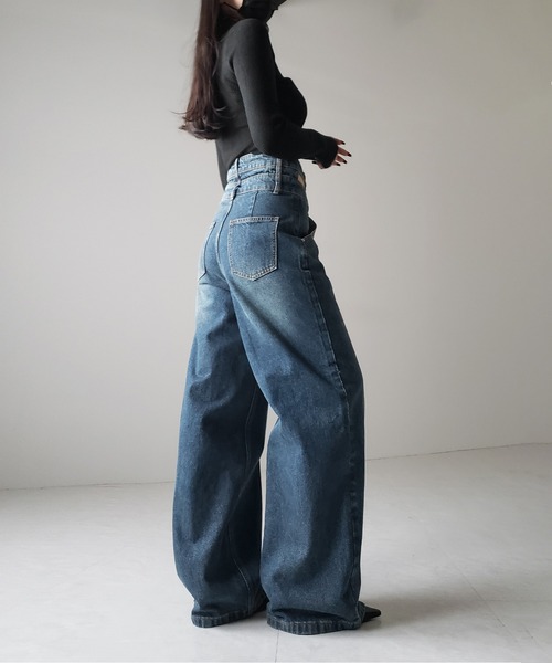 me+em select(ミームセレクト)の「【2color /4size 】カットアウトダブルハイウエストワイドデニム / cutout double high waist wide denim(デニムパンツ・レディース・ブルー/ブラック・MEDIUM/SMALL/X-LARGE/LARGE)」の17枚目の写真