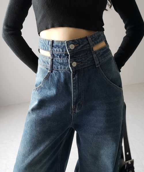 2color ／4size 】カットアウトダブルハイウエストワイド