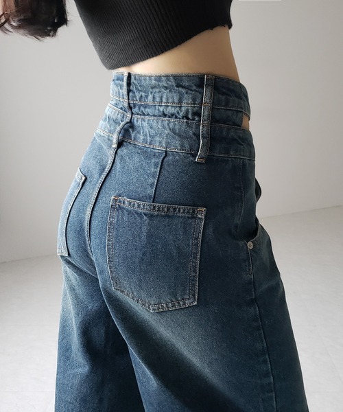 me+em select(ミームセレクト)の「【2color /4size 】カットアウトダブルハイウエストワイドデニム / cutout double high waist wide denim(デニムパンツ・レディース・ブルー/ブラック・MEDIUM/SMALL/X-LARGE/LARGE)」の4枚目の写真