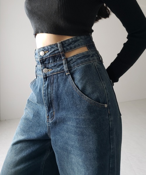 me+em select(ミームセレクト)の「【2color /4size 】カットアウトダブルハイウエストワイドデニム / cutout double high waist wide denim(デニムパンツ・レディース・ブルー/ブラック・MEDIUM/SMALL/X-LARGE/LARGE)」の6枚目の写真