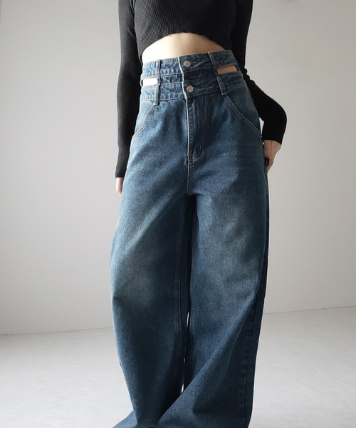 me+em select(ミームセレクト)の「【2color /4size 】カットアウトダブルハイウエストワイドデニム / cutout double high waist wide denim(デニムパンツ・レディース・ブルー/ブラック・MEDIUM/SMALL/X-LARGE/LARGE)」の7枚目の写真